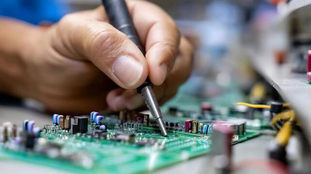 A technician is focused on repairing a circuit board in this close-up image, reflecting the dedication and precision required in electronics repair and innovation within technology.