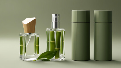 Eco-Friendly Bamboo-Inspired Perfume and Cosmetic Bottles on Minimal Background