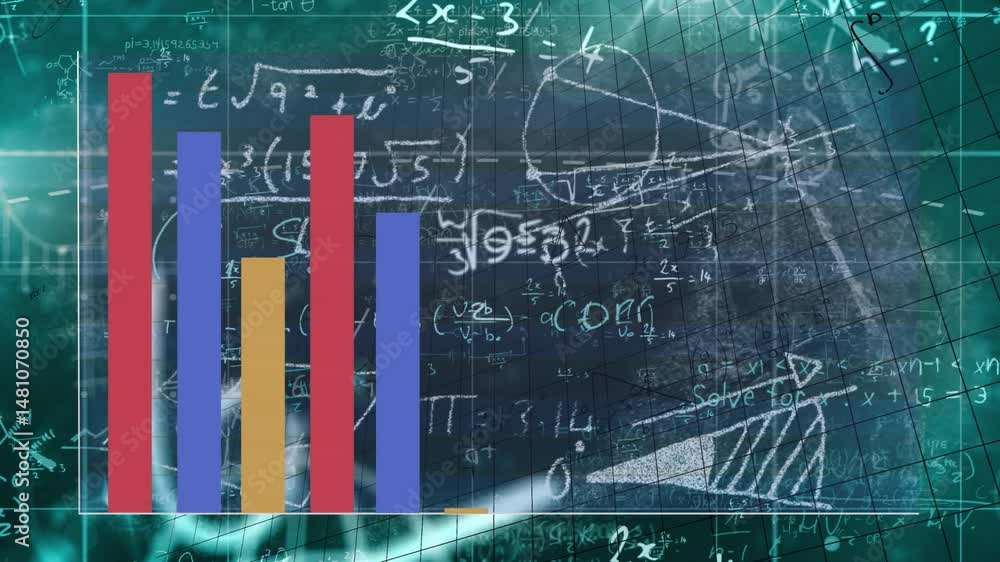 Poster presenting red blue yellow bars showing data trends floating over digital chalkboard with equations