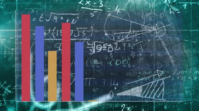 Presenting red blue yellow bars showing data trends floating over digital chalkboard with equations