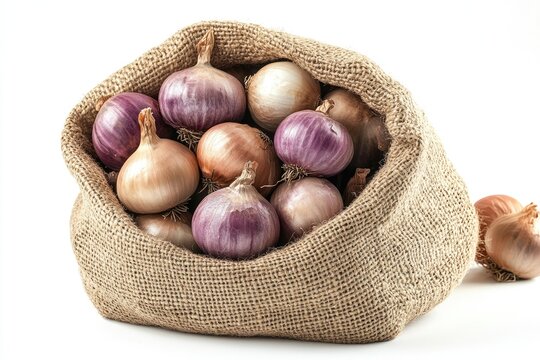 Burlap sack filled with various onions