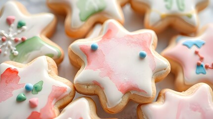 Delicate watercolor painting High-angle perspective, closeup of colorful icing-decorated Christmas cookies. Translucent washes, fluid brushstrokes, elevated view 