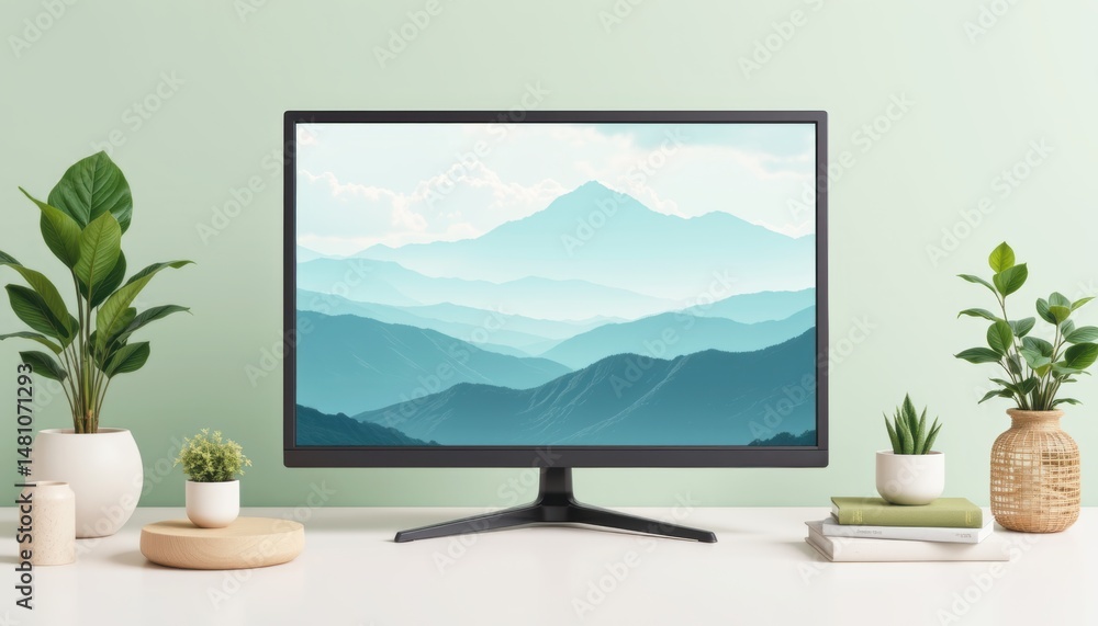 Poster modern workspace with a monitor displaying mountain artwork.