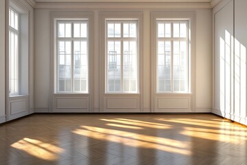 Sun-drenched, empty room with classic style