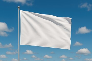 Blank white flag against blue sky and clouds, suitable for mockup