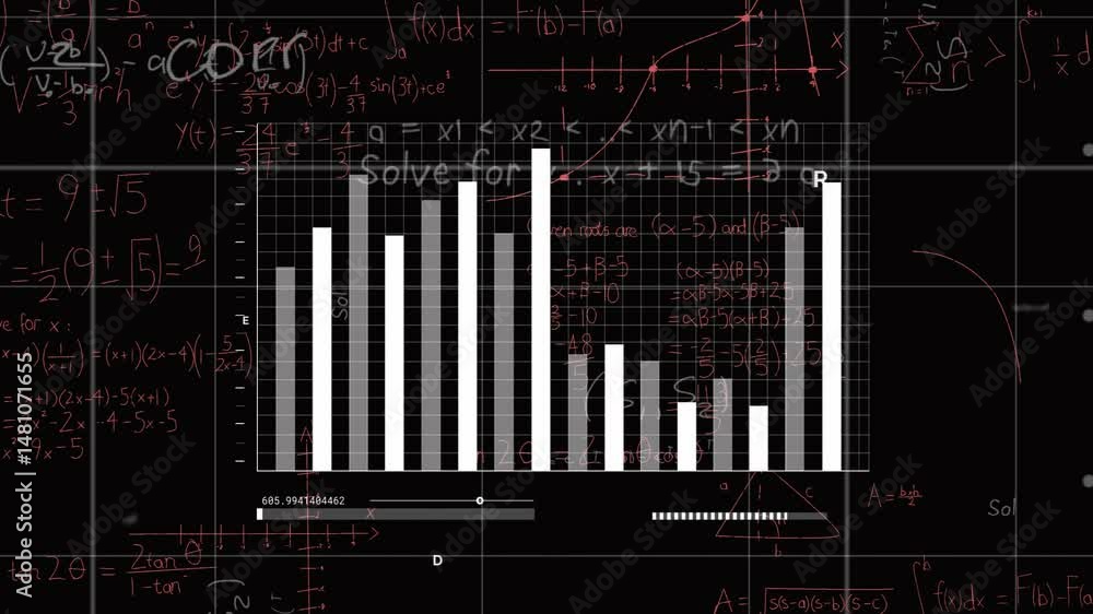Aufkleber vertical bar chart presenting data on chalkboard dashboard, displaying slider, grid, red formulas