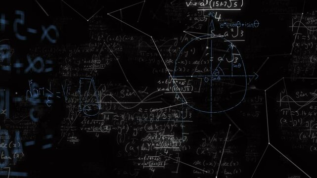 Mathematical formulas being animated on dark canvas, with chalk equations and geometric sketches