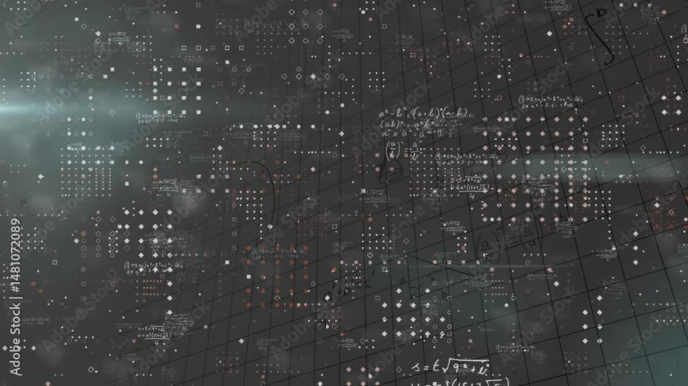 Poster abstract digital network drifting across dark grid, linking geometric nodes with floating equations