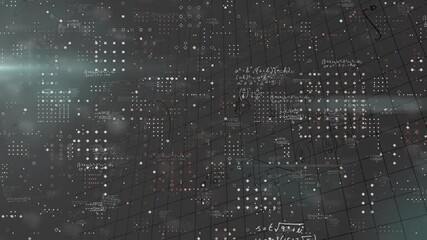 Abstract digital network drifting across dark grid, linking geometric nodes with floating equations - Powered by Adobe