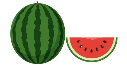 Flat Style Watermelon Illustration - Whole and Sliced