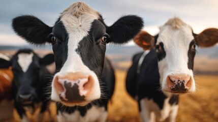Cows with black and white markings stand in a field looking at the viewer.