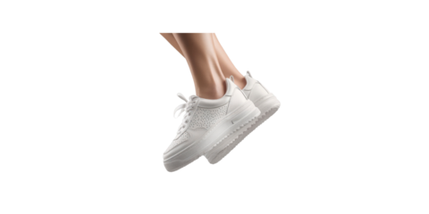 Stylish White Sneakers in Mid-Air Jump - Fashion Footwear