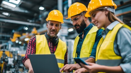 Team of Industrial Engineers Using Laptop Planning Project Modern Factory Teamwork Safety Hard Hats Yellow Vests Professional Collaboration 