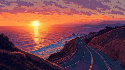 Fototapeta premium Scenic coastal highway at sunset, vibrant colors.