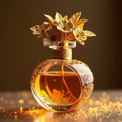 Elegant Floral Gold Perfume Bottle with Warm Glow and Luxury Design