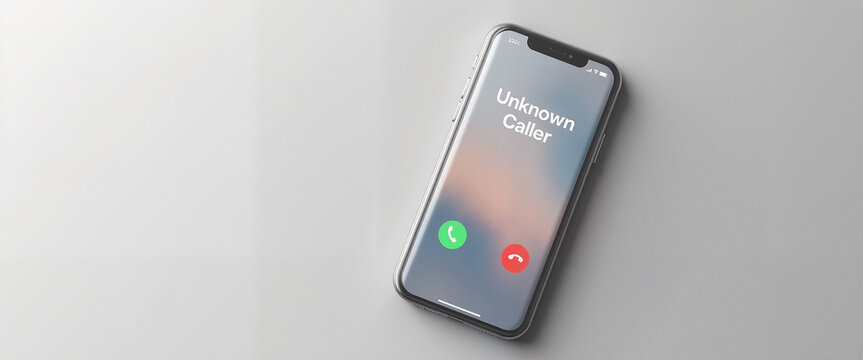Smartphone displaying unknown caller screen on white surface