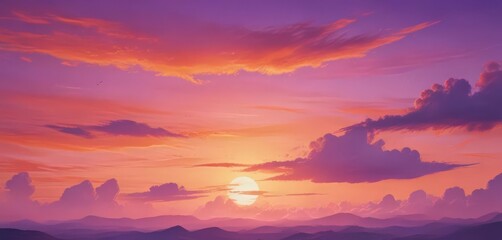 Fototapeta premium Abstract watercolor sunset; fiery orange and purple hues blend seamlessly creating a dreamy sky , canvas, background