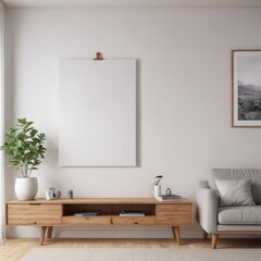 Modern living room, white wall, poster mockup on wooden clips ,  clean,  clip