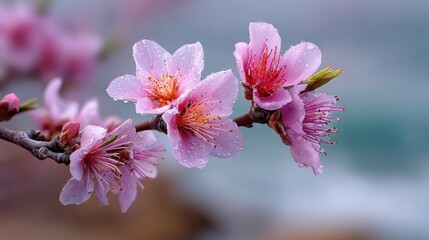 Obraz premium Close-up of pink blossom flowers on a branch against a blurred background.