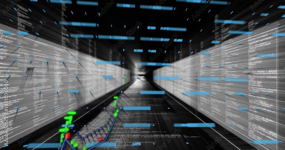 Poster central blue dotted triangular graph moving through animated 3d data tunnel with bars and nodes