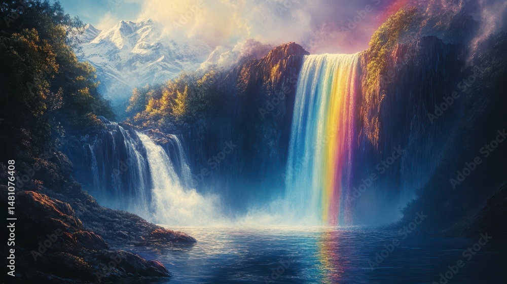 Poster majestic waterfall cascading down rocky cliffs into a serene pool, with a vibrant rainbow arching ov