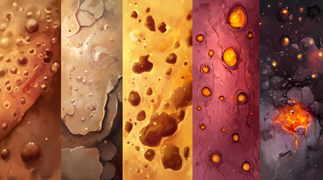 Comparison image of different types of skin blisters, such as friction blisters, burn blisters, and allergic reaction blisters. [Steamspire Wastes] | Ember Skid | friction scar. Illustration