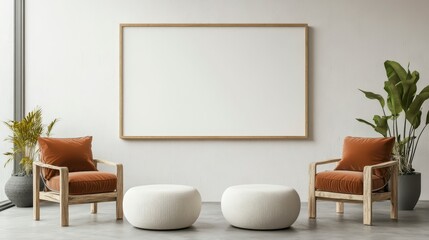 Minimalist interior design with two armchairs, a large blank frame, and plants.