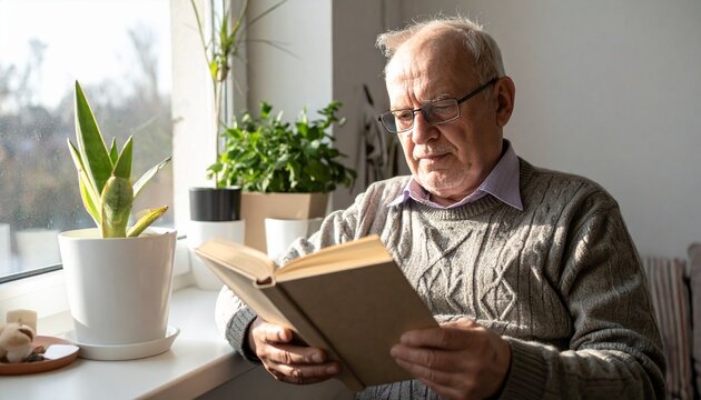homem branco idoso lendo um livro