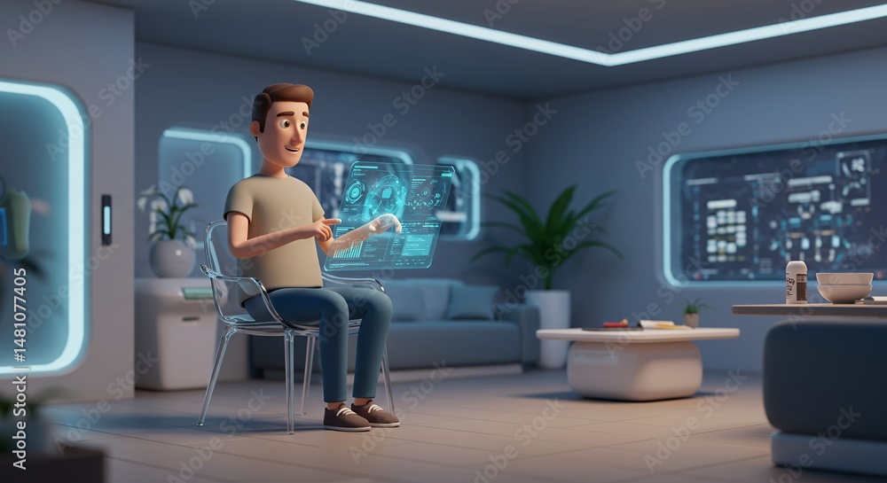 Poster man interacting with holographic display in bright modern living room with futuristic interface and 