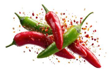 Dynamic Chili Pepper Cascade: An arresting visual of vibrant red and green chili peppers in mid-air, their textures and colors accentuated by a shower of finely ground spices.