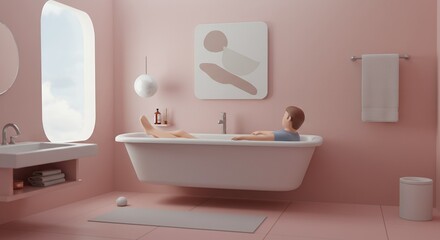 Person Relaxing in a White Bathtub in a Pink Minimalist Bathroom with Natural Light and Abstract Art