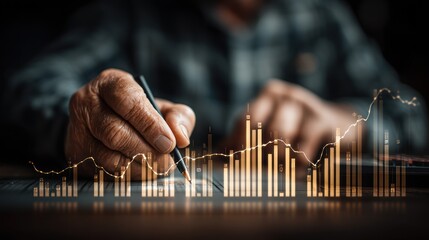 Person analyzing financial data with pen and digital graph overlay.