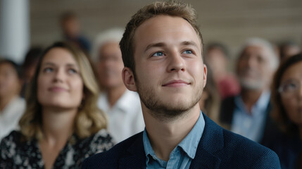 A young man gazes upwards in a room full of attentive people