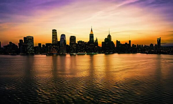 Golden sunset reflecting on water with city skyline in the background