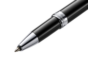 Elegant Pen: A close-up shot showcases a sleek, black pen with metallic accents, emphasizing precision and sophistication in its design. 