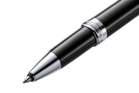 Elegant Pen: A close-up shot showcases a sleek, black pen with metallic accents, emphasizing precision and sophistication in its design. 