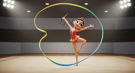 Pixelated Rhythmic Gymnast in Red Leotard Performing with Ribbon Under Bright Lights in a Gym