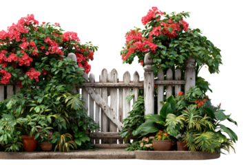 Garden Gateway: A wooden fence gate nestled amidst lush greenery and vibrant flowers, leading to a tranquil, inviting garden. The image evokes a sense of serenity and natural beauty.