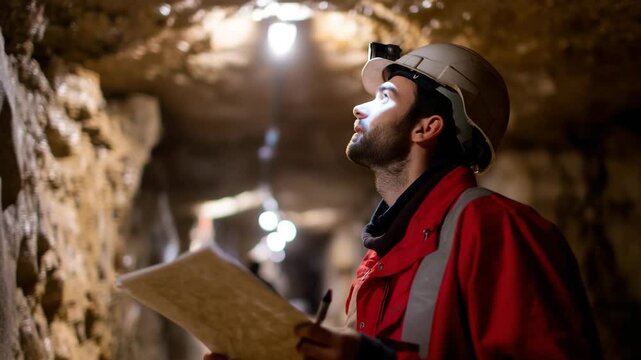 A diligent miner examines a cave structure while wearing a hard hat that is illuminated, emphasizing safety and exploration in subterranean environments.