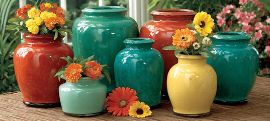 repurposed glass jars painted in pastel colors as vases for summer flowers,