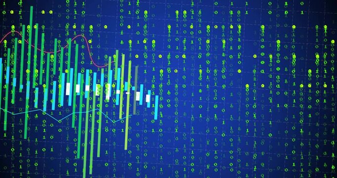 Digital interface showcasing candlestick bars and pink, light blue line graphs, streaming neon code