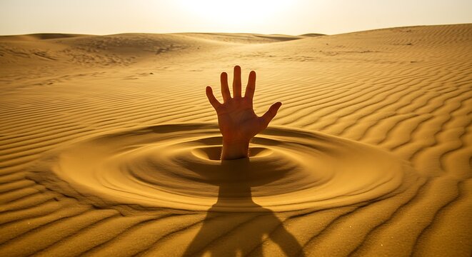 Hand emerging from golden sand ripples in arid desert landscape texture