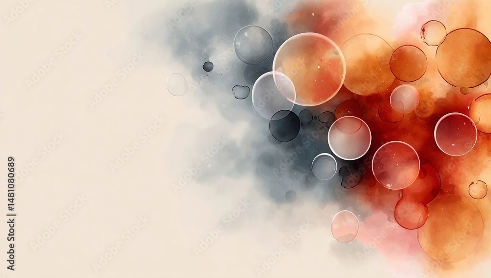 Poster abstract background with circles and bubbles in a watercolor style, light gray color on the left