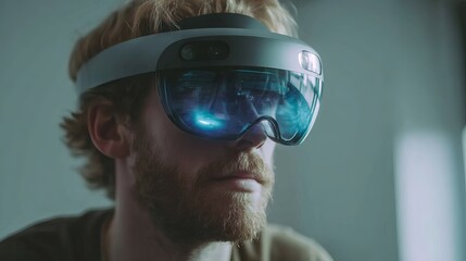 Man Wearing Modern Virtual Reality Headset Innovative Technology Future Experience Digital World Advanced Device Futuristic Glasses         