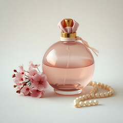 Elegant Pink Perfume Bottle with Floral Accents and Pearls – Feminine Fragrance Aesthetic