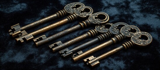 Naklejka premium Antique keys on dark background