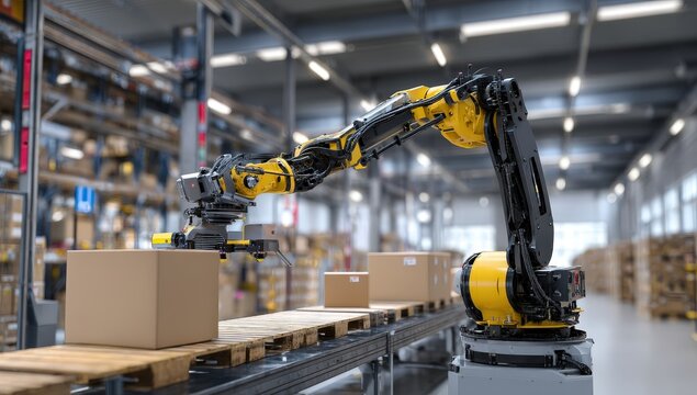 Robotic arm sorting boxes in modern warehouse.