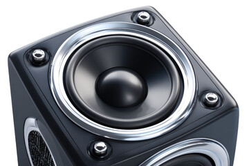 Close-up of Speaker: High-quality audio speaker with chrome accents. The focus is on the details of the speaker cone and surrounding components.