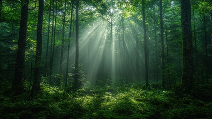 Sunlight streams through a dense, verdant forest