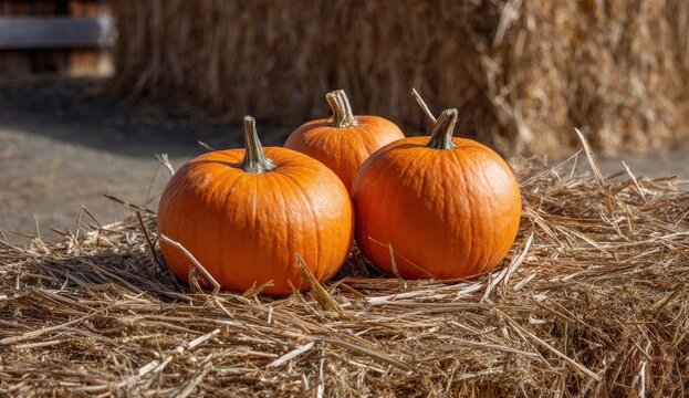 Three bright orange pumpkins on straw bales in sunlight.